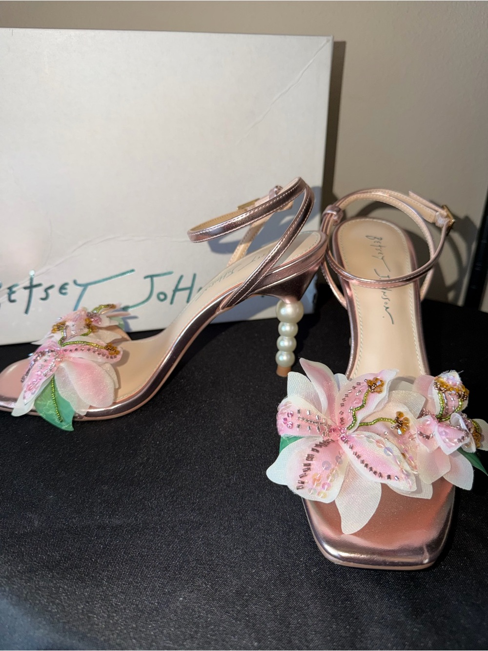 Betsey Johnson Rose Gold Floral Pearl-Stack Sandals